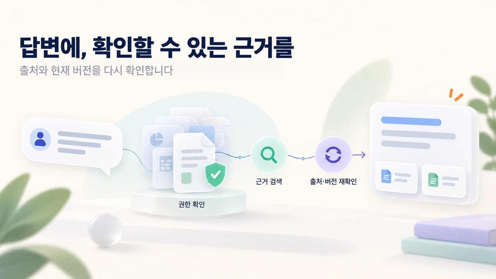 답변에 확인할 수 있는 근거를: 질문이 권한 확인, 근거 검색, 출처·버전 재확인을 거쳐 근거가 붙은 답변으로 돌아오는 그림
